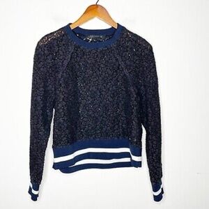Zara Women's Navy Blue Lace Sporty Striped Long Sleeve Crew Neck Sweater